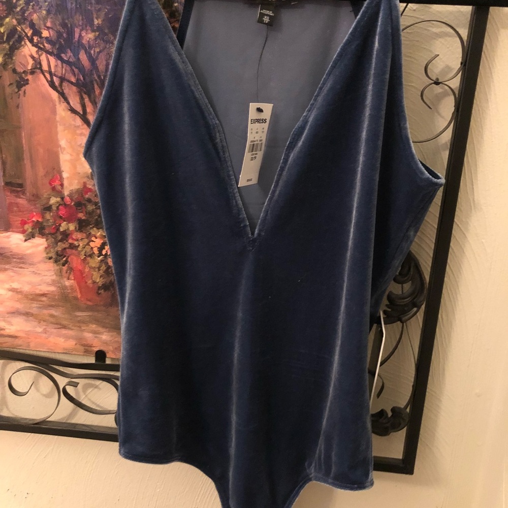 Express deep v bodysuit blue velvet NWT